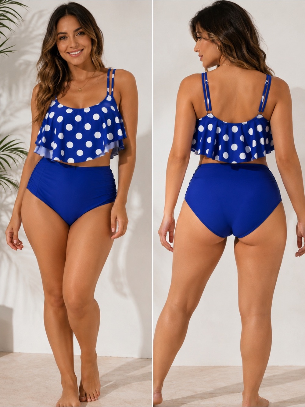 Polka Dot Ruffle Two-Piece Swim Set in Royal Blue